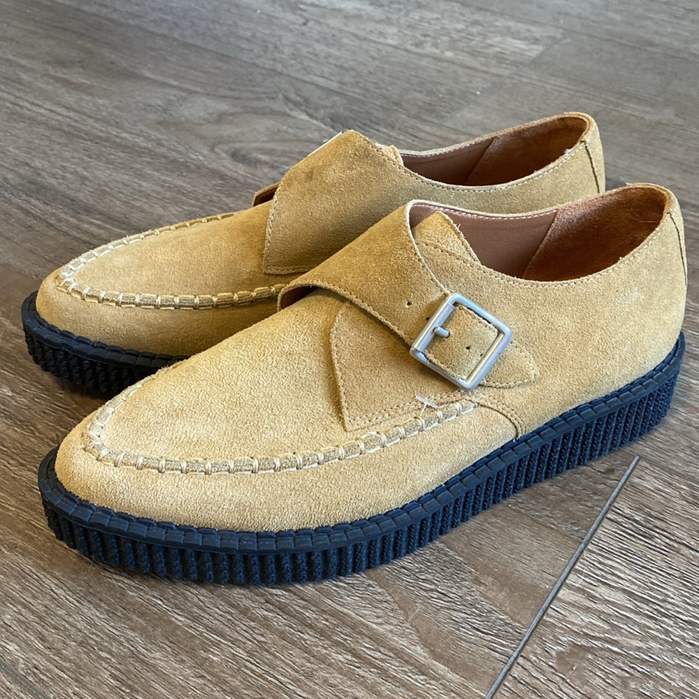 Re/Done 70s Creeper Shoes Tan Low Platform w Monk Strap Buckle in Cuoio Suede 39
